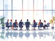 © GG Kenji - Flat Business Meeting Glossy Conference Room Wide Angle Shot Group Professionals Engaged Clear Copy Space Plain Wall Promotional Text Simple Vector Illustration Smart Business Tone