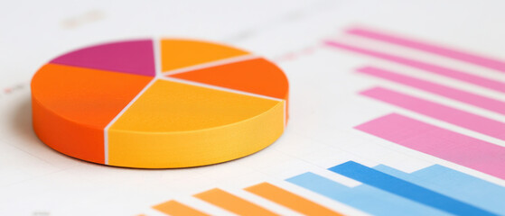 Colorful pie chart and bar graph on a financial report background.