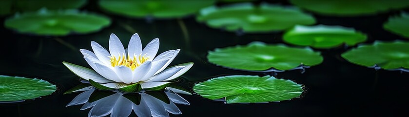 Soft petals of a lotus flower floating peacefully on still water, surrounded by lush green lily pads, evoking a sense of calm and spirituality