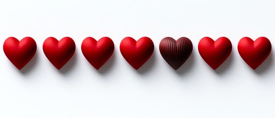 A row of red heart-shaped chocolates, with one dark chocolate heart among them, symbolizing love and indulgence.