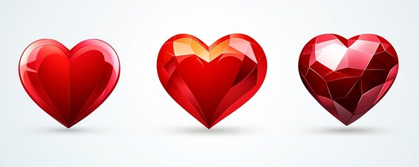 Three stylized red heart icons with varying shades and brightness, symbolizing love, affection, and emotion.