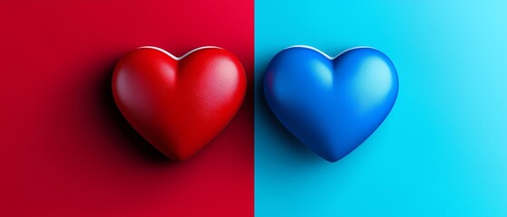 Two contrasting hearts, one red and one blue, set against a split background of red and blue, symbolizing love and emotion.