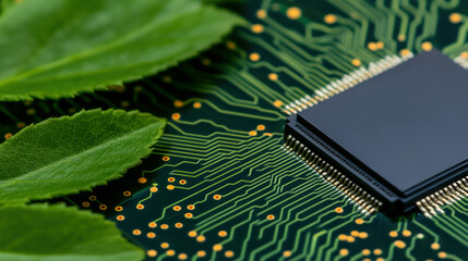 Microchip on circuit board with green leaves symbolizing eco-friendly technology.