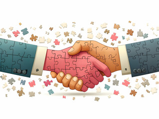 Wall Mural - Flat Floating Puzzle Pieces Handshake Icons Partnership Symbolizing Collaboration Business Agreements Illustration Mid Air White Background Sharp Visuals Balanced Lighting Vector Art