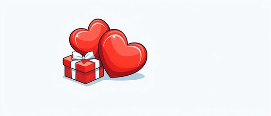 Two red hearts beside a gift box, symbolizing love and affection, ideal for romantic occasions and celebrations.