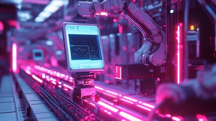 Fototapete - A robotic arm operates on a conveyor belt in a futuristic factory.
