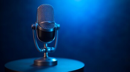 Fototapete - A silver microphone with a blue background.