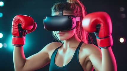 A woman wearing VR goggles and boxing gloves, engaged in virtual training.