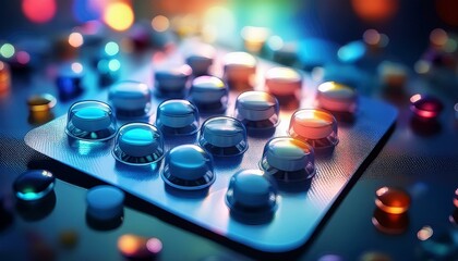 A closeup view of multiple colors and shapes of gel pills and pills and medications; pills and medications scattered on the table with a zoomed view with blurred background; medical photography; drugs