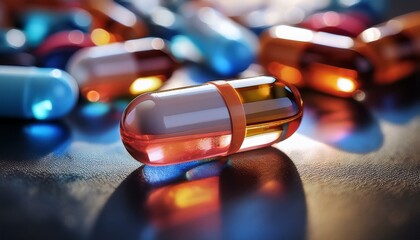 A closeup view of multiple colors and shapes of gel pills and pills and medications; pills and medications scattered on the table with a zoomed view with blurred background; medical photography; drugs