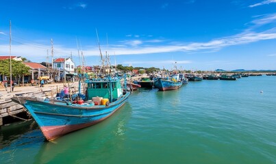 Colorful fishing boats docked at a vibrant harbor under a clear sky.