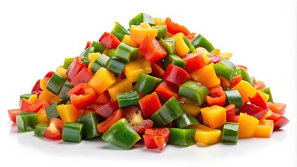 Wall Mural - Chopped colorful capsicums on white background, low angle view