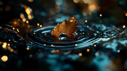 Poster - A single water drop creates ripples in a puddle, with a leaf floating on the surface.