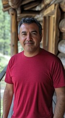 A middle-aged Latino man stands confidently on a cabin porch surrounded by natural beauty