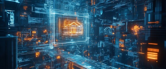 Fototapete - Abstract futuristic digital background with a glowing orange house icon in the center.