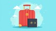 © BanklangArtshop - Bright red suitcase and passport against a cheerful blue background, symbolizing adventure and travel.