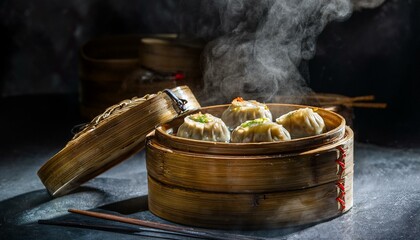 A closeup view of a traditional Chinese Dim Sum in a steamy bamboo steamer; a steaming dim sum in a bamboo  steamer; selective focus; dark background; food photography; shu mai and dumpling; tasty