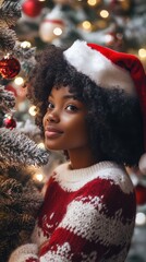 Wall Mural - Portrait of an African girl with natural curly hair, wearing a red and white Christmas jumper and Santa hat, standing beside a Christmas tree covered in sparkling decorations, soft lighting