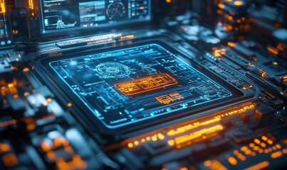 Close-up of a futuristic computer chip with glowing circuits and data streams.
