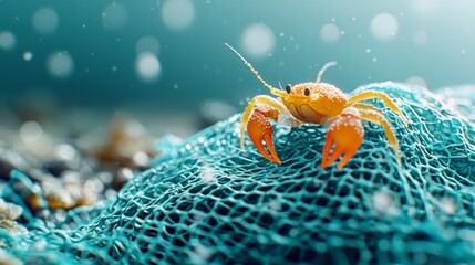 A close-up of a colorful orange crab on a blue net, surrounded by water droplets and a serene ocean backdrop, highlighting marine life and underwater textures.