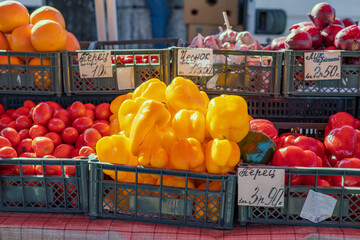 Sticker - A vibrant market scene, showcasing fresh produce and local delicacies. Ideal image for concepts of local culture, food markets.