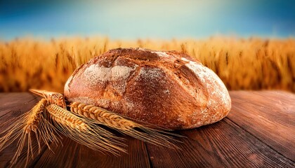 Homemade wholemeal bread freshly baked on the bottom the ears of wheat 