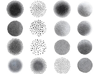 Poster - Abstract set of black stipple spray circle, dotted monochrome elements isolated on white background. Dissolving points, noise gradient