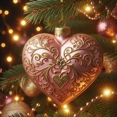 Sticker - A pink heart shaped Christmas ornament with intricate gold designs hangs from a pine branch with golden lights and other Christmas decorations