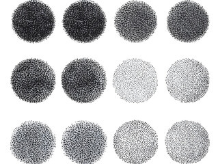 Poster - Abstract set of black stipple spray circle, dotted monochrome elements isolated on white background. Dissolving points, noise gradient