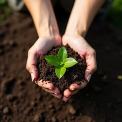 top view female hands holding soil plant