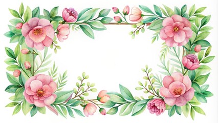  Watercolor frame with pink flowers and green leaves , watercolor, frame, pink, flowers, green, leaves, floral