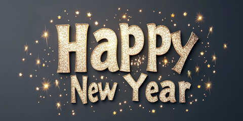 Wall Mural - festive happy new year greeting with sparkling golden text and stars