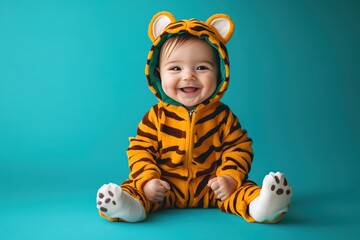 Wall Mural - adorable happy baby in tiger pajamas sitting on blue background