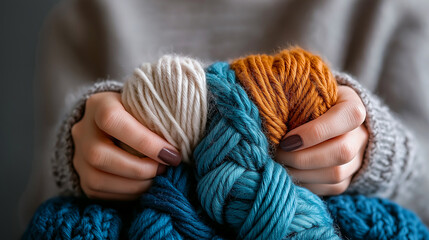 Creative hands hold colorful yarn, showcasing blend of textures and hues. vibrant threads inspire artistic knitting projects, evoking warmth and creativity