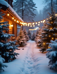 Frosted Christmas lights surround a snowy white Christmas scene with spruce trees at festive outdoor breakfast gatherings.