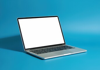 Slim laptop computer showing blank screen on blue background with copy space