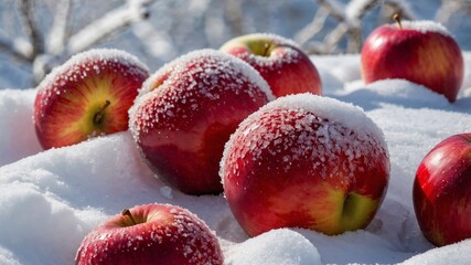 Red apples covered with frost are scattered on the snow in the garden against the backdrop of frosty winter weather.