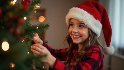 A happy girl in a Christmas hat and plaid pajamas decorating a Christmas tree at home. Concept of festive mood and Christmas atmosphere