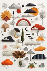 A collection of minimal weather symbols and cloud shapes featuring colorful trees, abstract designs, and seasonal elements displayed on a white background