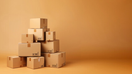 Sticker - Photo of stacked moving boxes, isolated on beige background.