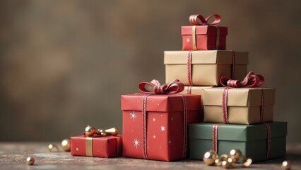 A beautifully arranged stack of festive gift boxes in red, green, and gold, perfect for the holiday season. Christmas time concept