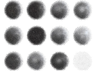 Poster - Abstract set of black stipple spray circle, dotted monochrome elements isolated on white background. Dissolving points, noise gradient