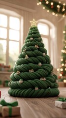 Sticker - Christmas tree made of yarn with star on top.