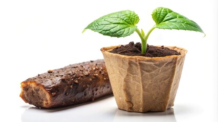 Wall Mural - Close-up cucumber seedling with a stake in a peat pot on white background