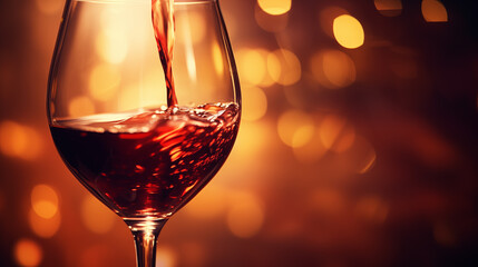 Wineglass. Red wine. Close-Up of Red Wine Being Poured into Glass with Warm Bokeh Lights. Romantic holiday