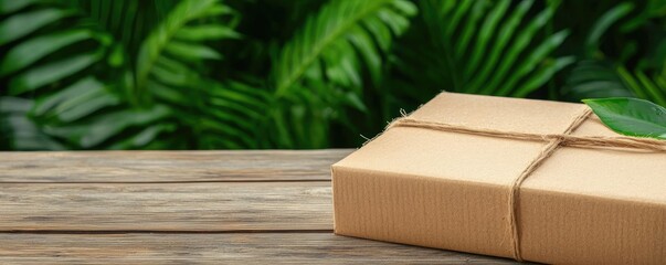 A rustic wooden table displaying a wrapped gift box with natural twine and a leaf on top, surrounded by vibrant green foliage.