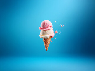 A double scoop ice cream cone, one pink scoop, one white scoop, is falling with pieces of ice cream breaking off and floating in the air.