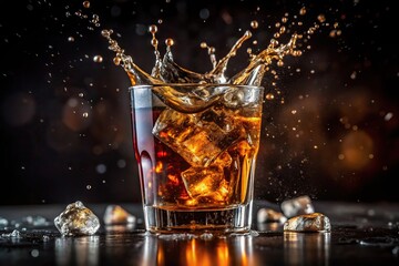 Close up shot of whiskey with coke and ice in a glass with splashing drops macro