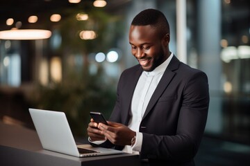 Canvas Print - Black business man laptop computer office.