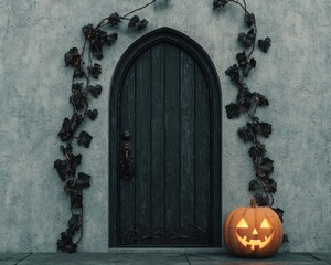 Gothic Arched Door with Pumpkin Decoration